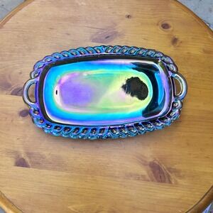Vintage Blue Carnival Glass Iridescent Oil Slick Tray Trinket Dish Indiana Glass